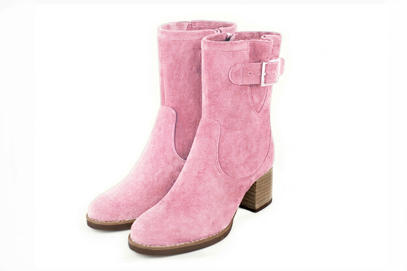 Classic leather ankle boots featuring adjustable side buckles and sleek hardware for secure support and timeless everyday style, in blush pink leather with round toe and mid block heel